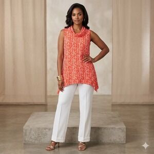 Komil‎ Orange Geometric Cowl Neck Sharkbite Tunic Top Pockets Lagenlook Small